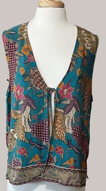 Diane Gilman Indie Boho Silk Tie Front Vest Top Womens M Botanical Artisan
